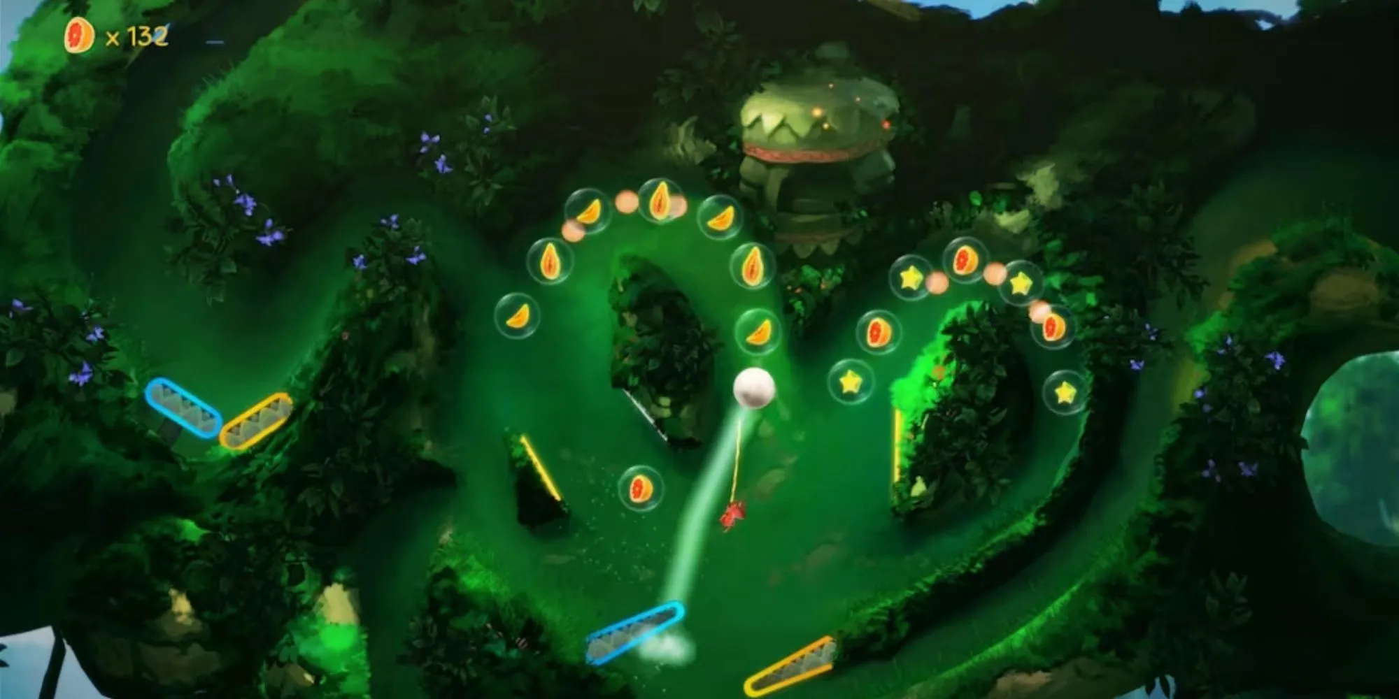Nhân vật Yoku nhỏ bé gắn với quả bóng pinball, chuẩn bị được đẩy đi bởi cần gạt