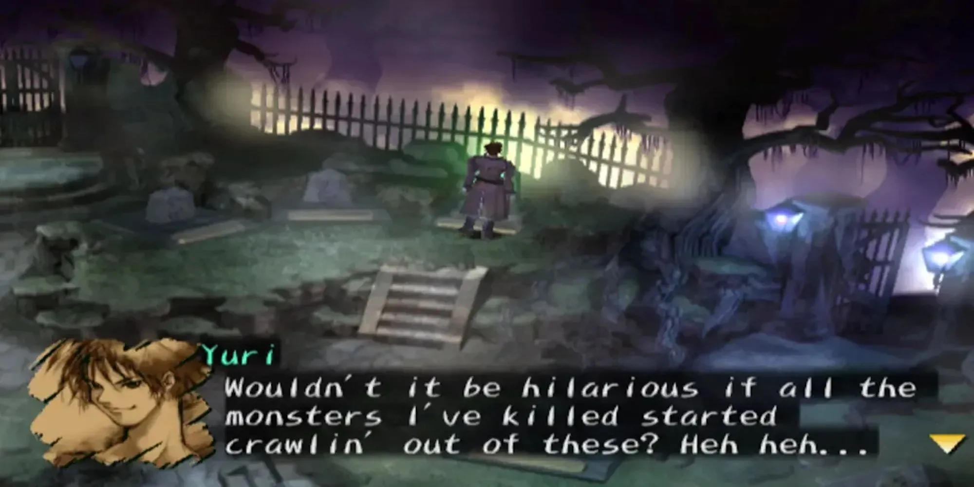 Nhân vật Yuri Hyuga trong Shadow Hearts PS2 với bối cảnh u tối