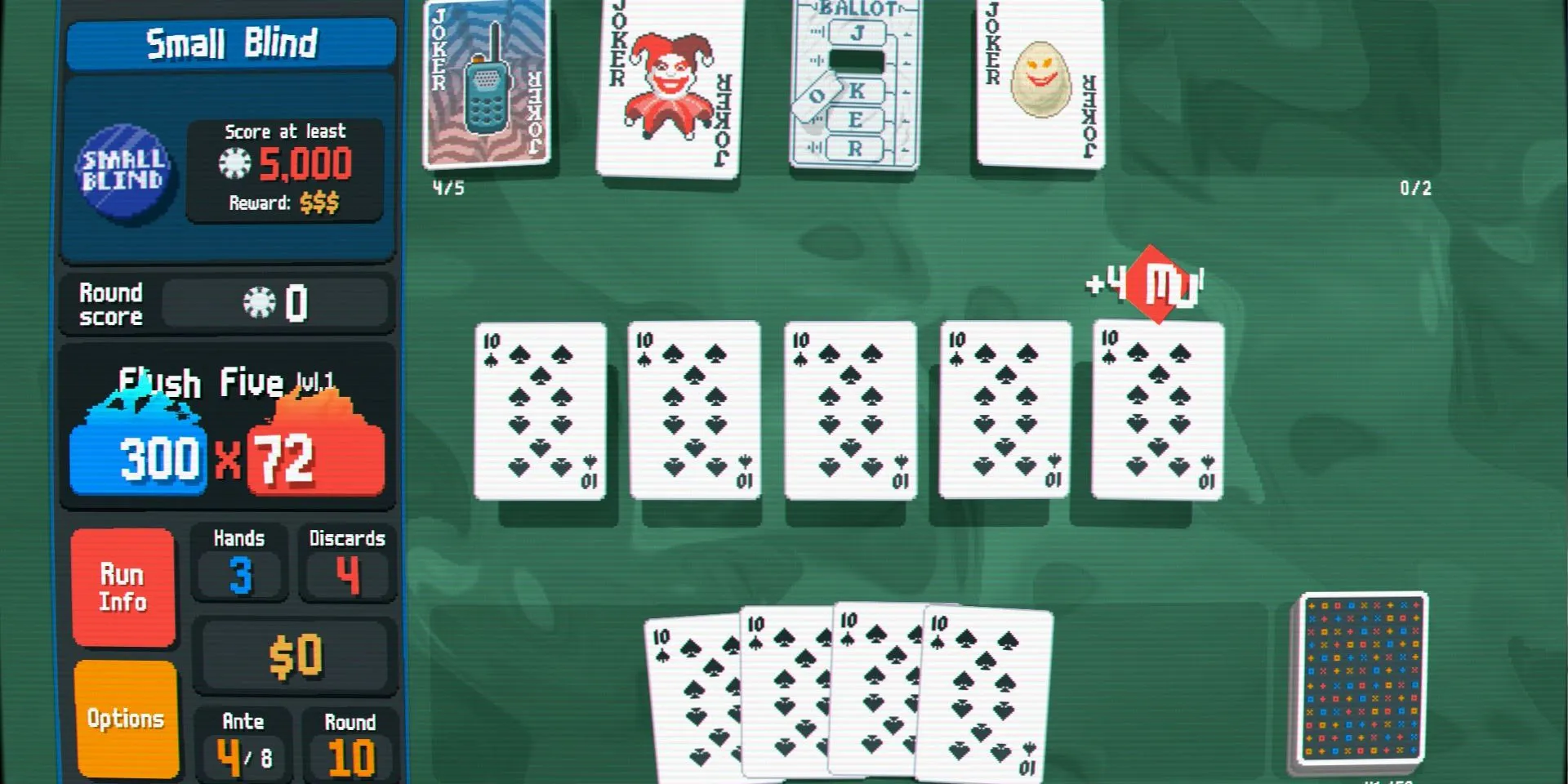 Nhiều lá 10 Bích tạo thành Flush Five trong Balatro