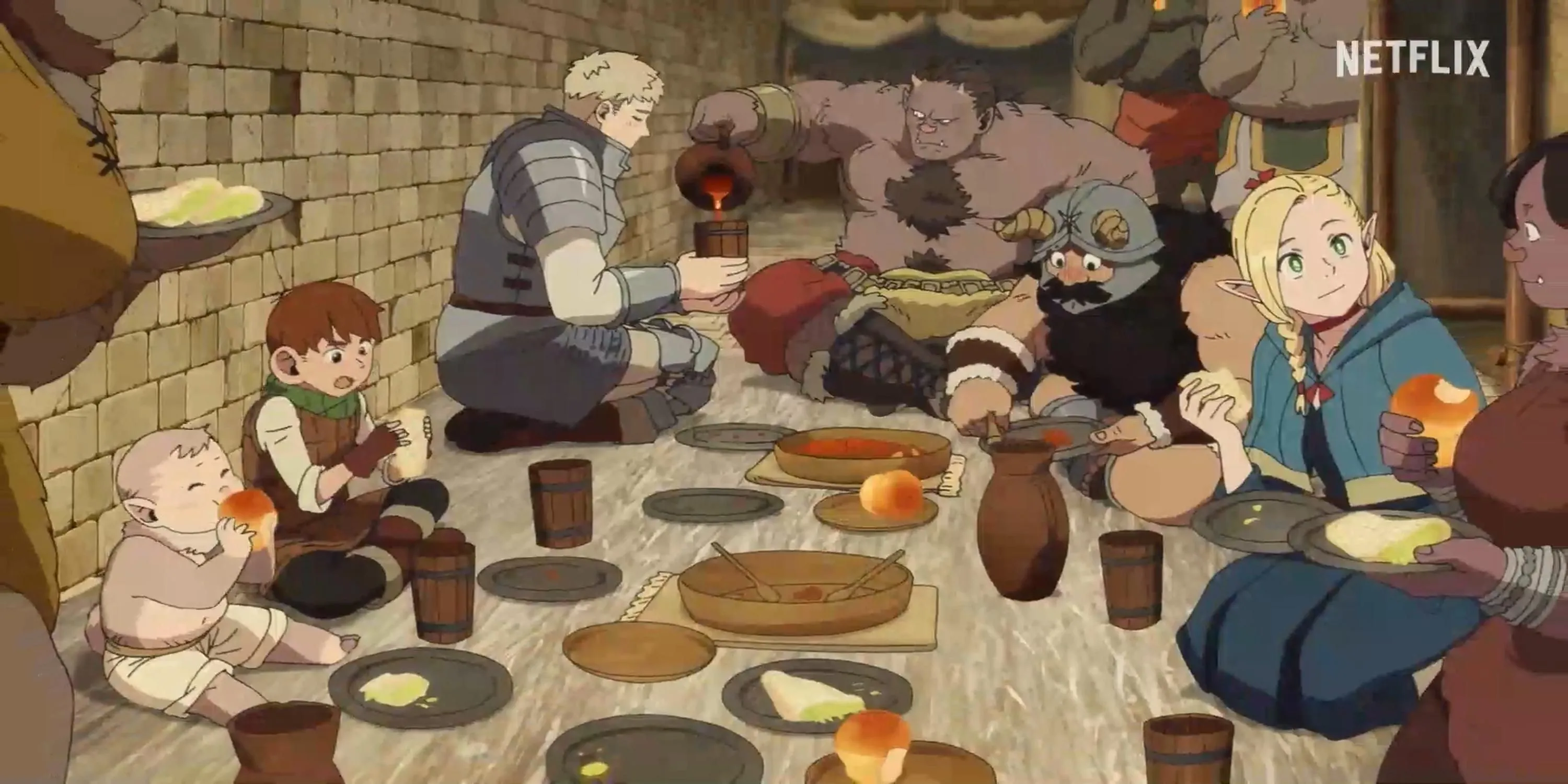 Nhóm phiêu lưu gia nấu ăn từ quái vật trong anime Delicious in Dungeon, cho thấy khía cạnh độc đáo về ẩm thực trong thế giới fantasy