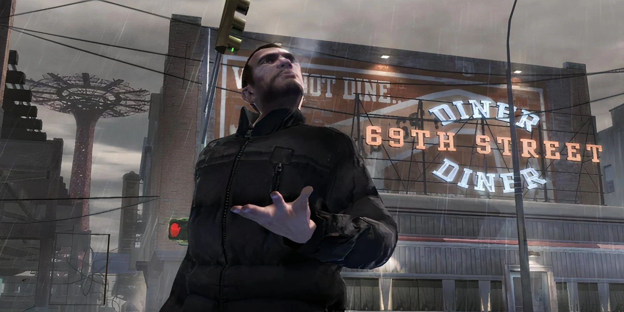 Niko Bellic trong GTA IV đứng ngoài trời và làm cử chỉ tay