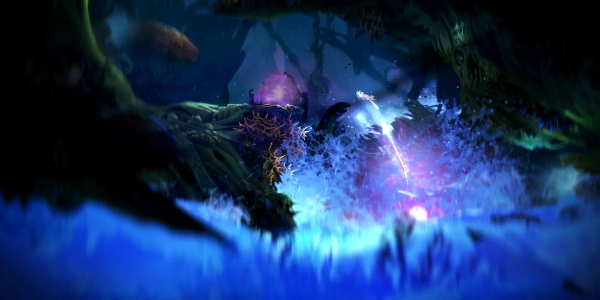 Ori đứng giữa khu rừng Nibel huyền ảo trong Ori and the Blind Forest