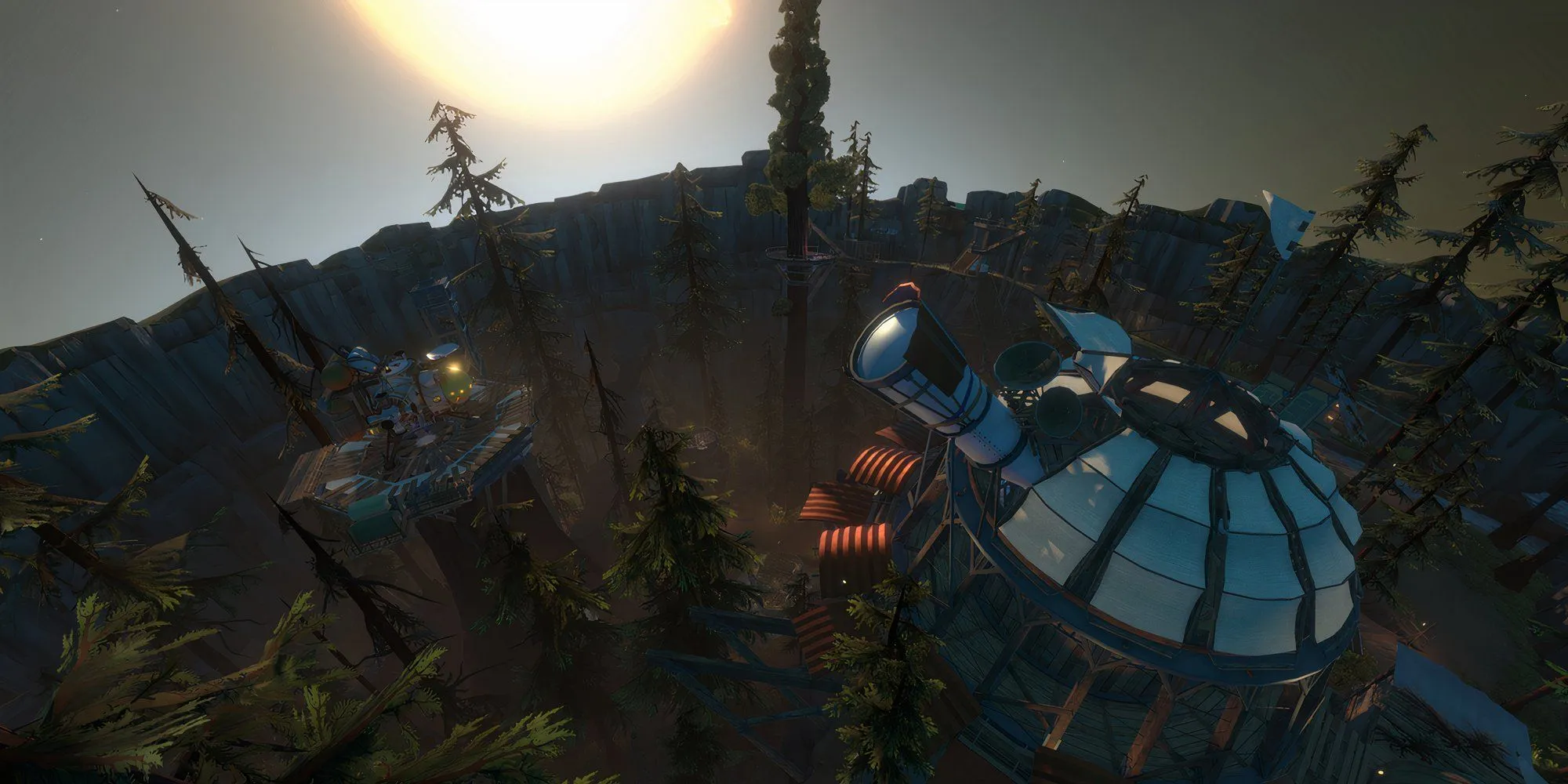Outer Wilds nhìn từ trên cao xuống một hành tinh có rừng cây