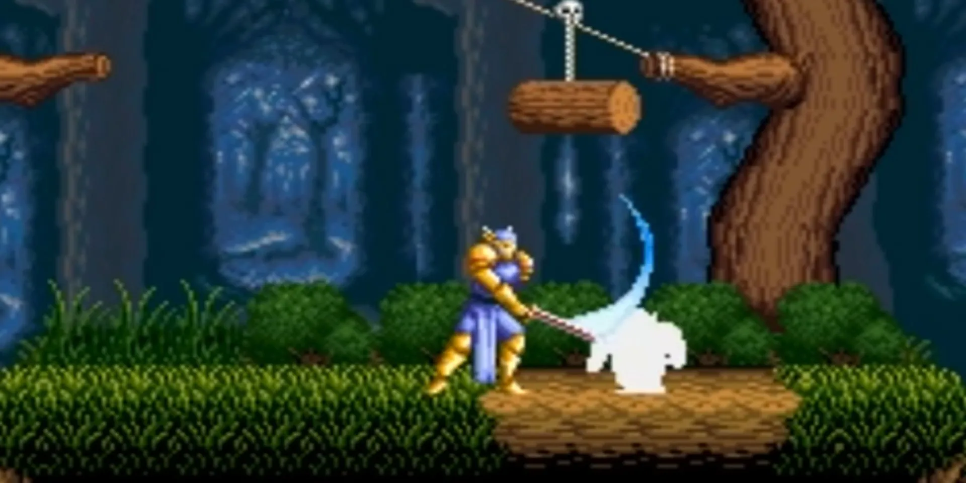 Phân cảnh hành động trong game ActRaiser trên SNES, nơi người chơi điều khiển chiến binh