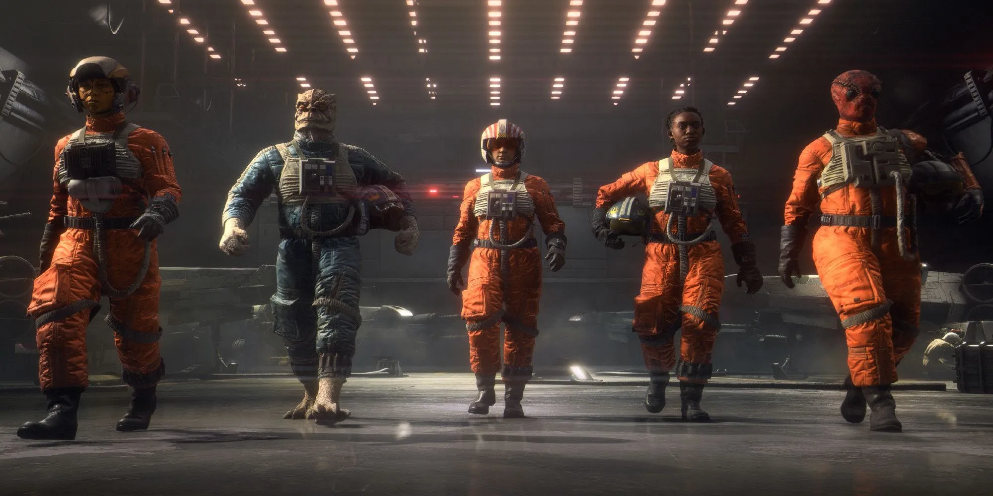 Phi công Liên minh Rebel Alliance đi trong nhà chứa máy bay trong Star Wars Squadrons