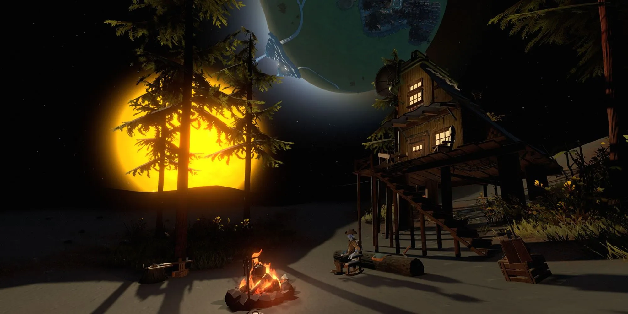 Phi hành gia trong Outer Wilds nhìn ra một hành tinh và các thiên thể khác trong không gian
