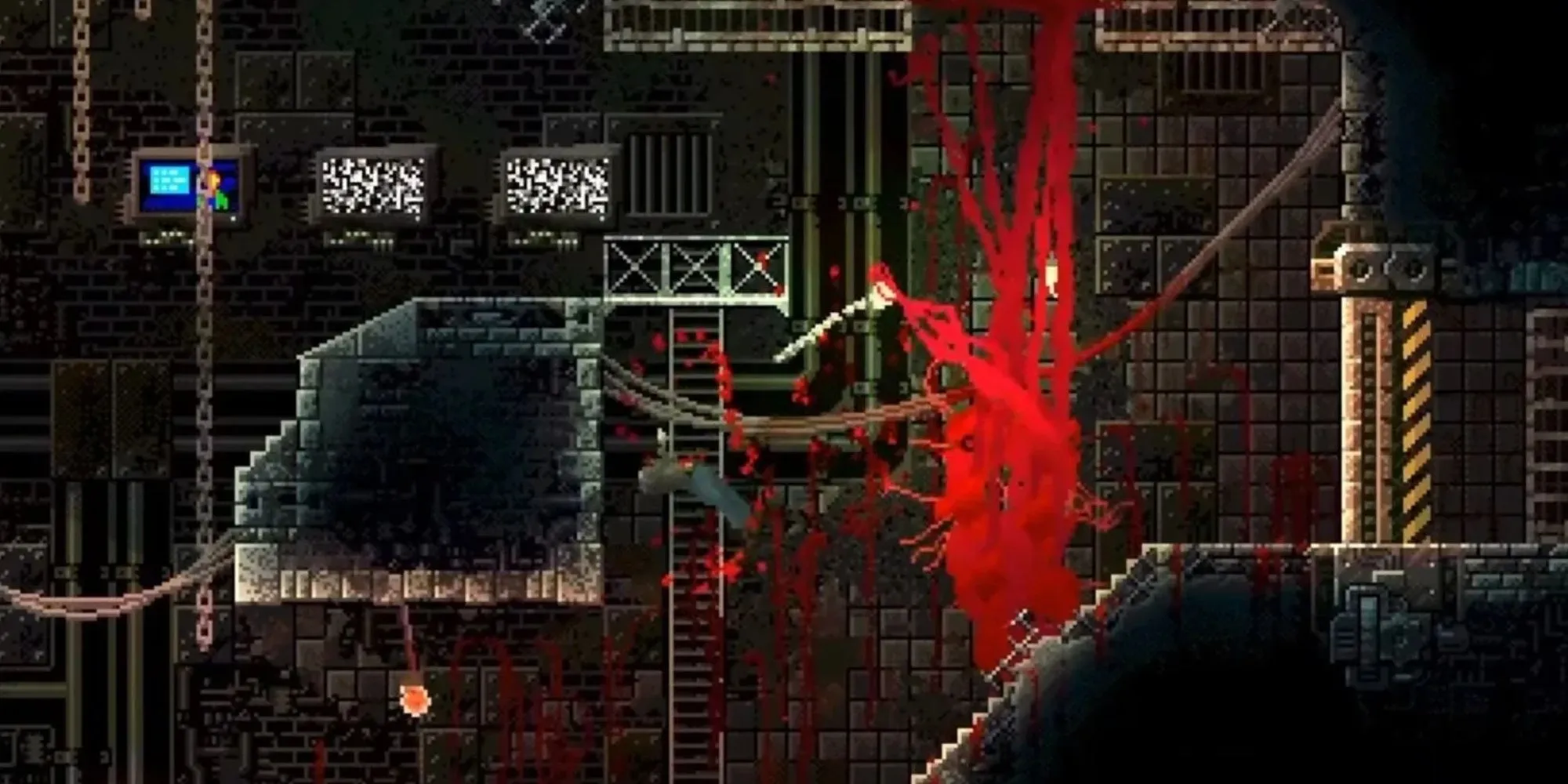 Quái vật đỏ của game Carrion đang di chuyển trên trần nhà, rình rập con người