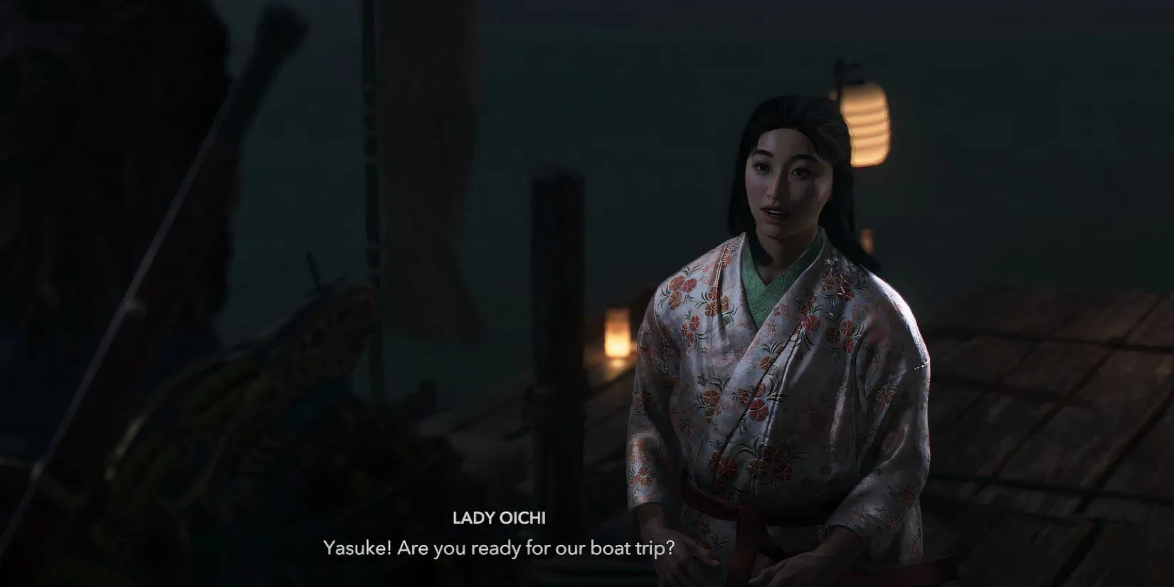 Quý Bà Oichi chờ Yasuke tại bến tàu Đền Isakiji trong nhiệm vụ &quot;A Prayer for Omi&quot; của Assassin's Creed Shadows.