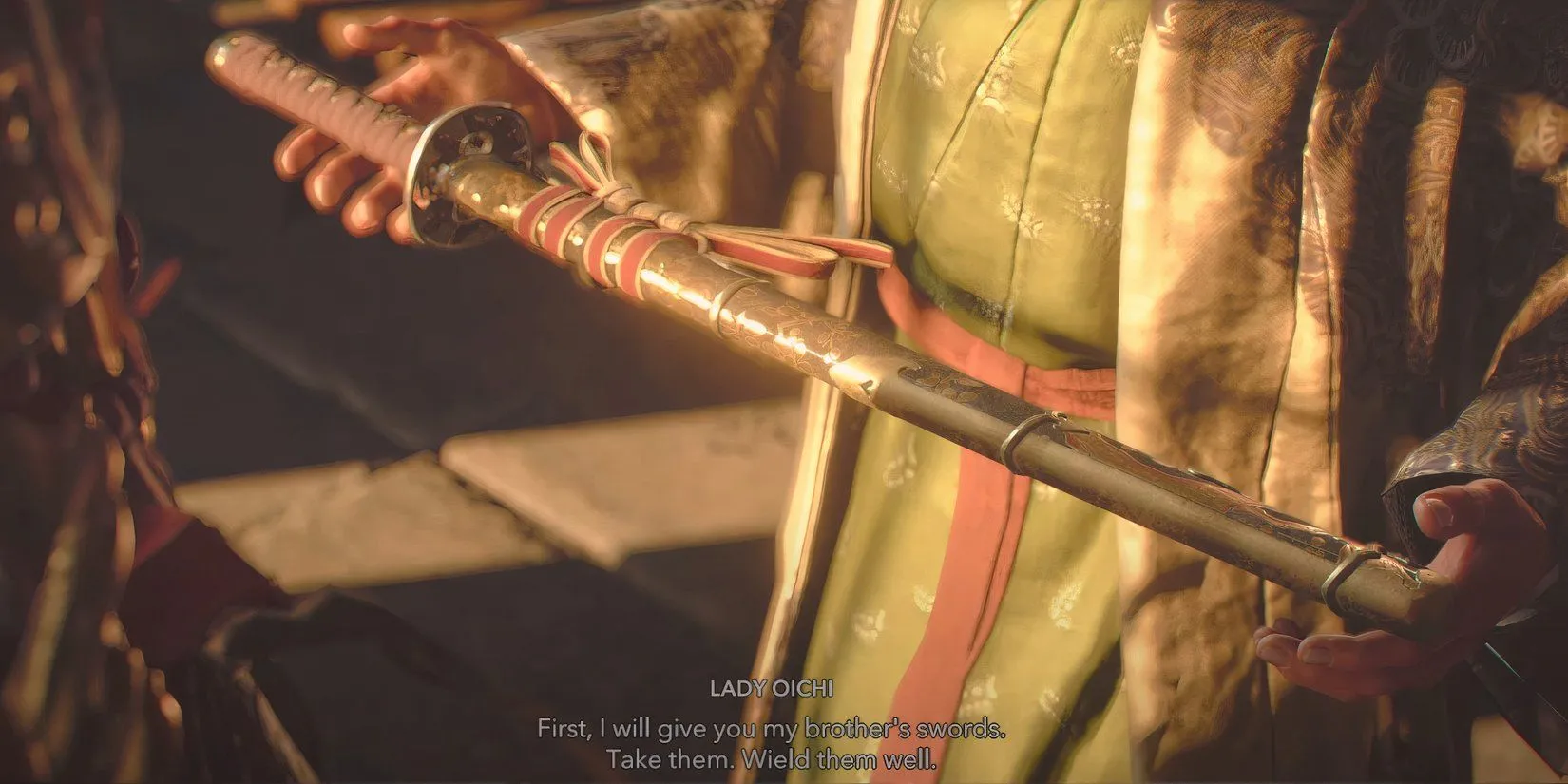 Quý Bà Oichi trao cho Yasuke thanh kiếm Myth Slayer sau khi hoàn thành chuỗi nhiệm vụ The Mourner trong Assassin's Creed Shadows.