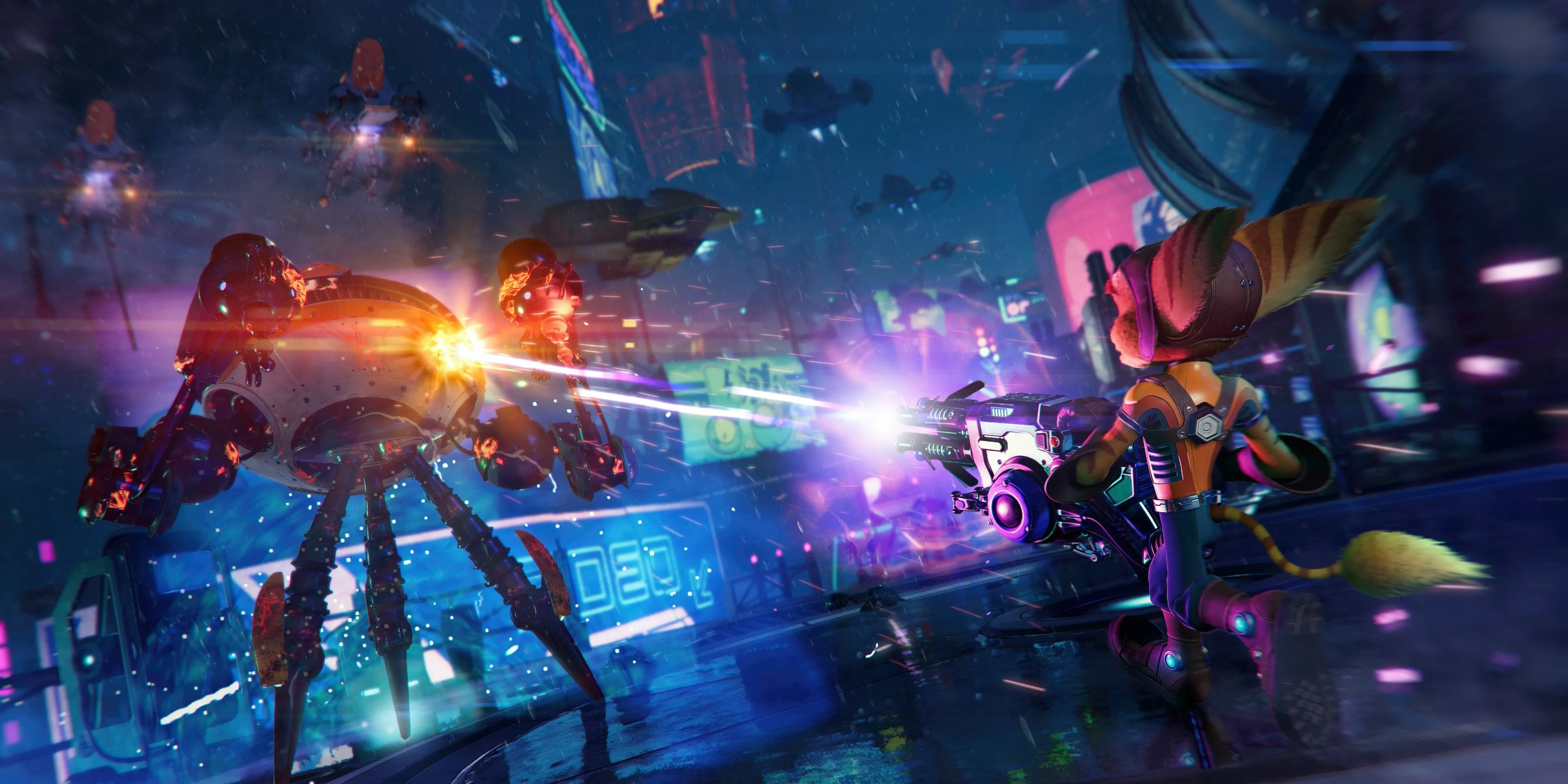 Ratchet đang bắn robot trong Ratchet &amp; Clank: Rift Apart.