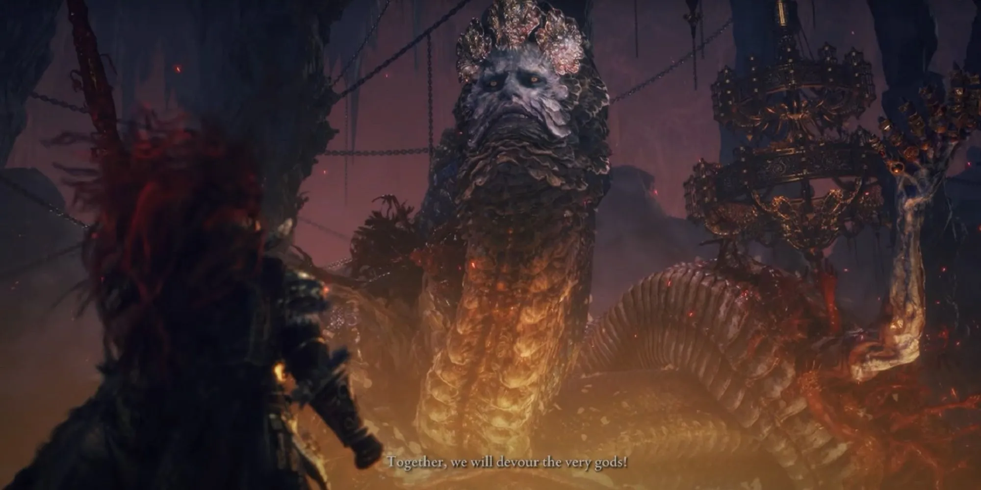 Rykard Lord of Blasphemy tại Volcano Manor trong Elden Ring với thanh Serpent-Hunter huyền thoại