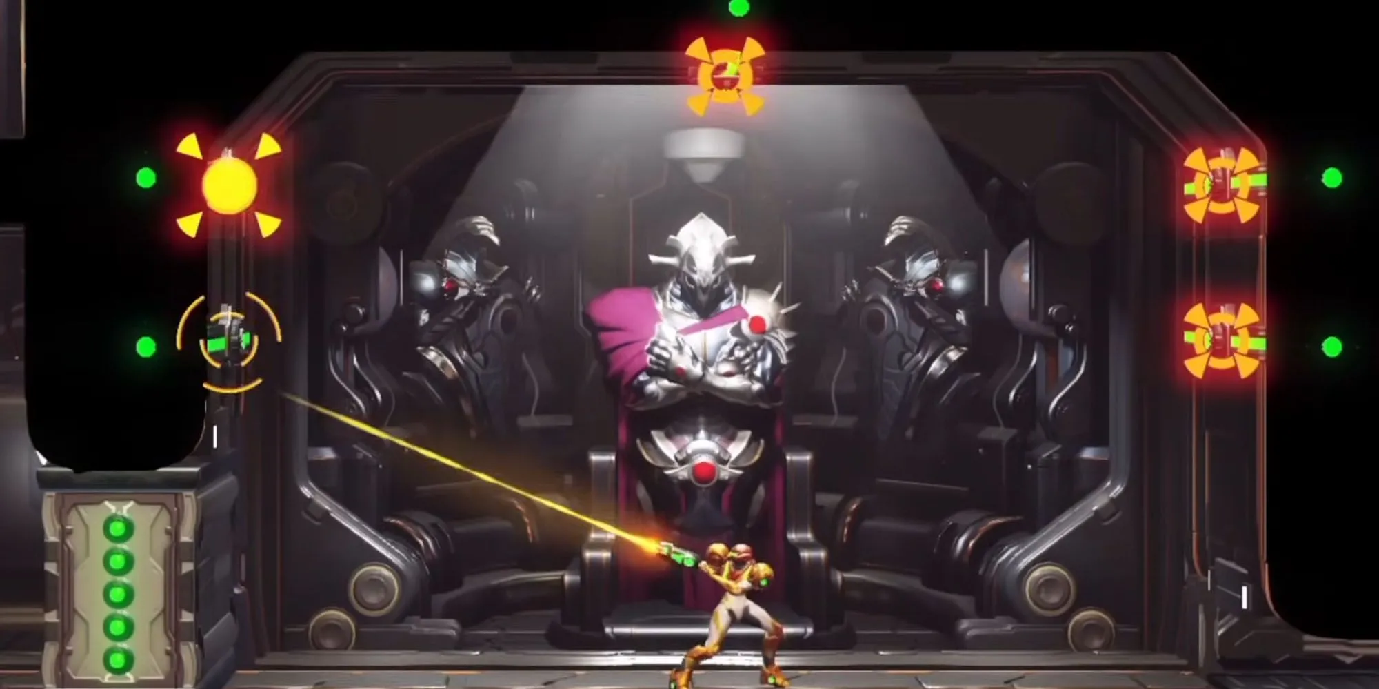 Samus Aran sử dụng kỹ năng Storm Missile trong Metroid Dread để khóa nhiều mục tiêu