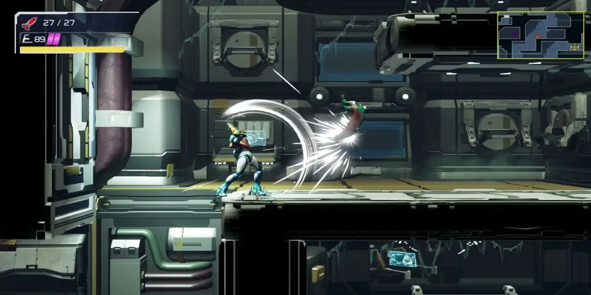 Samus Aran trong Metroid Dread với bộ giáp hiện đại đối mặt hiểm nguy