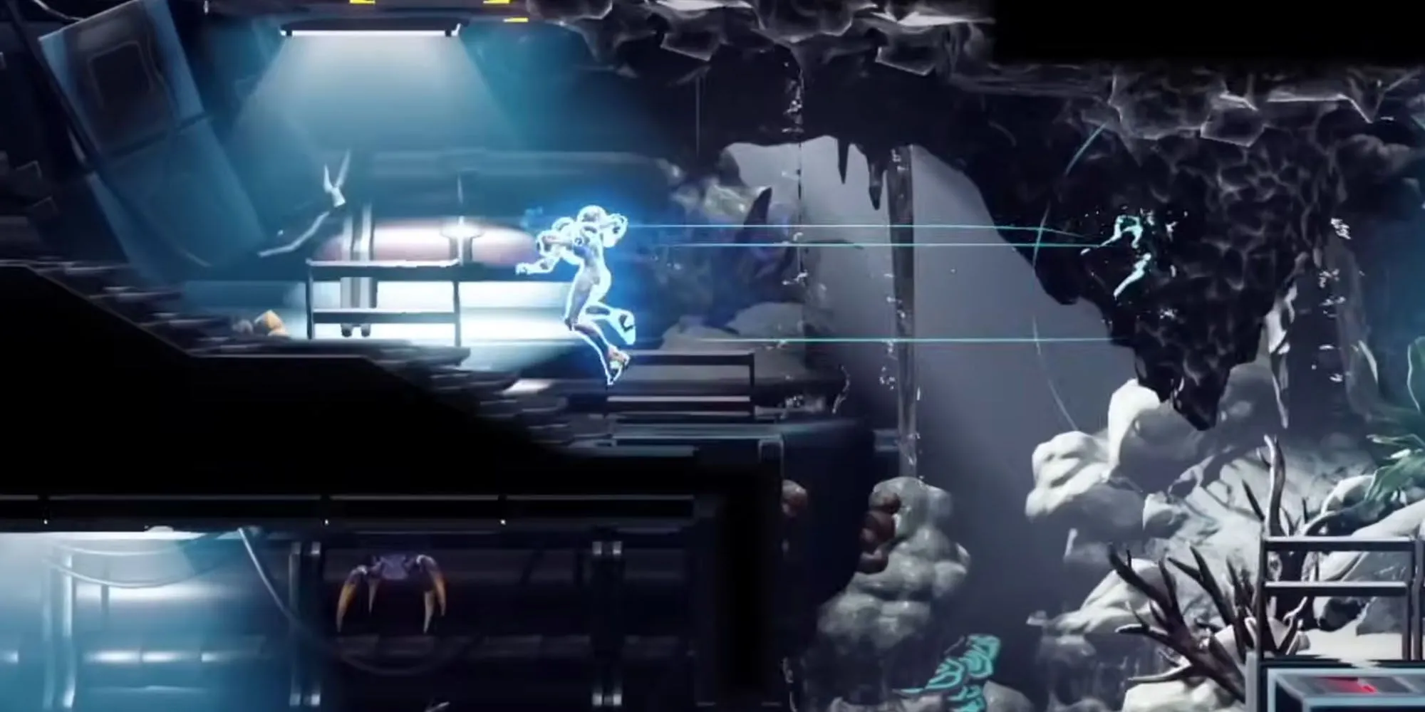 Samus sử dụng Flash Shift trong Metroid Dread để di chuyển tức thời né tránh đòn tấn công