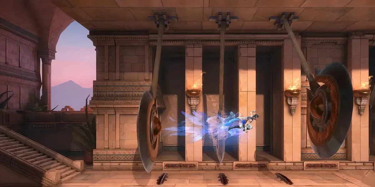 Sargon trong Prince of Persia: The Lost Crown đang thực hiện pha bay nhảy điêu luyện trong một thế giới Ba Tư cổ đại