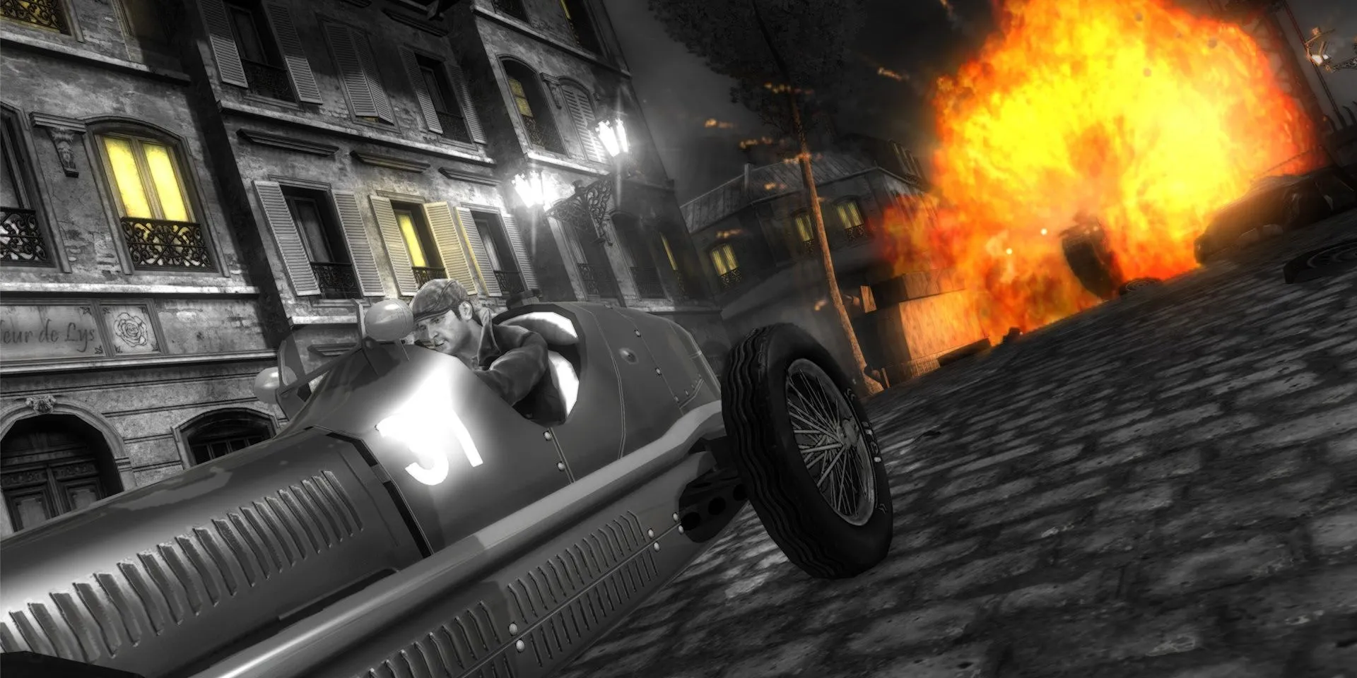 Sean lái xe chạy trốn khỏi vụ nổ lớn trong The Saboteur