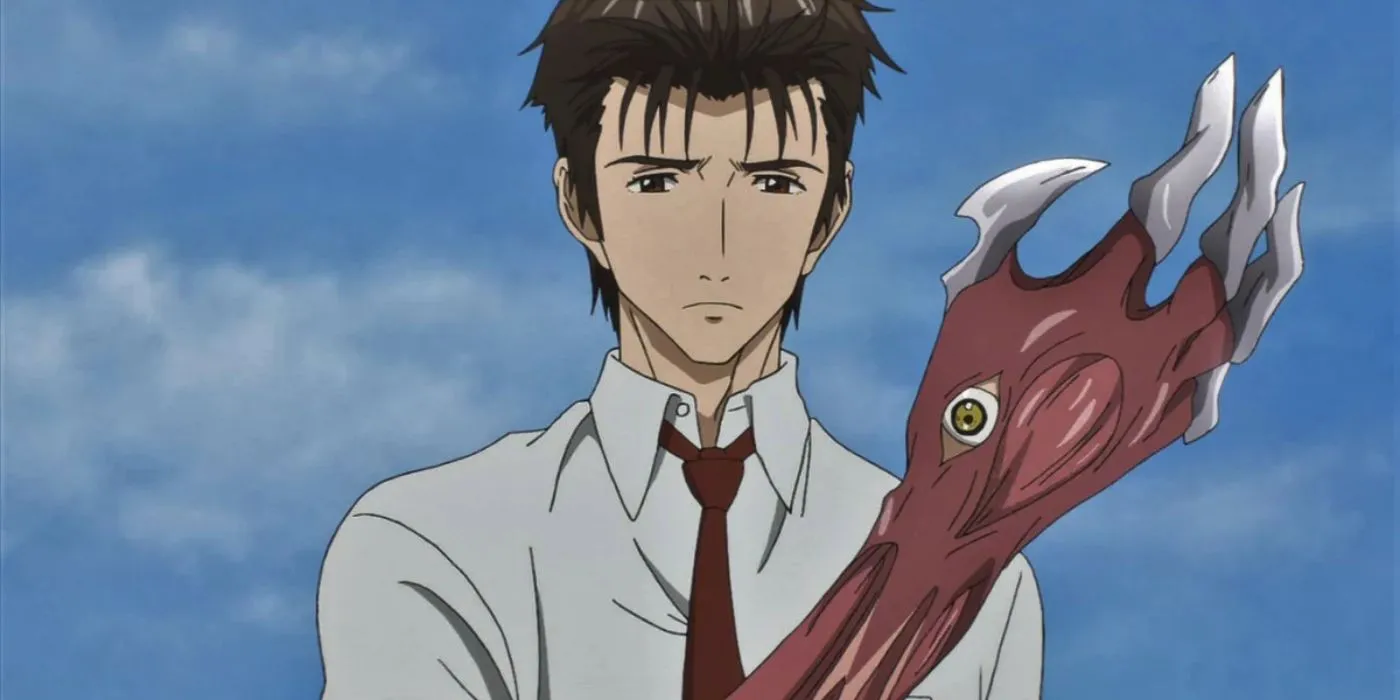 Shinichi và Migi, cánh tay bị ký sinh trùng chiếm hữu trong Parasyte: The Maxim, thể hiện mối quan hệ cộng sinh độc đáo