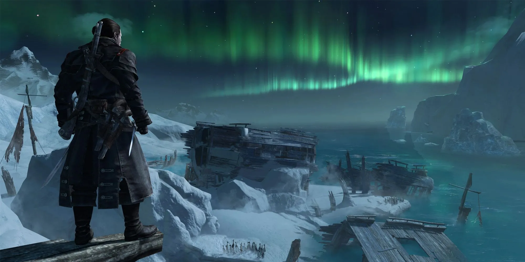 Tàu Borealis của Shay Cormac trên biển băng giá trong Assassin's Creed Rogue.