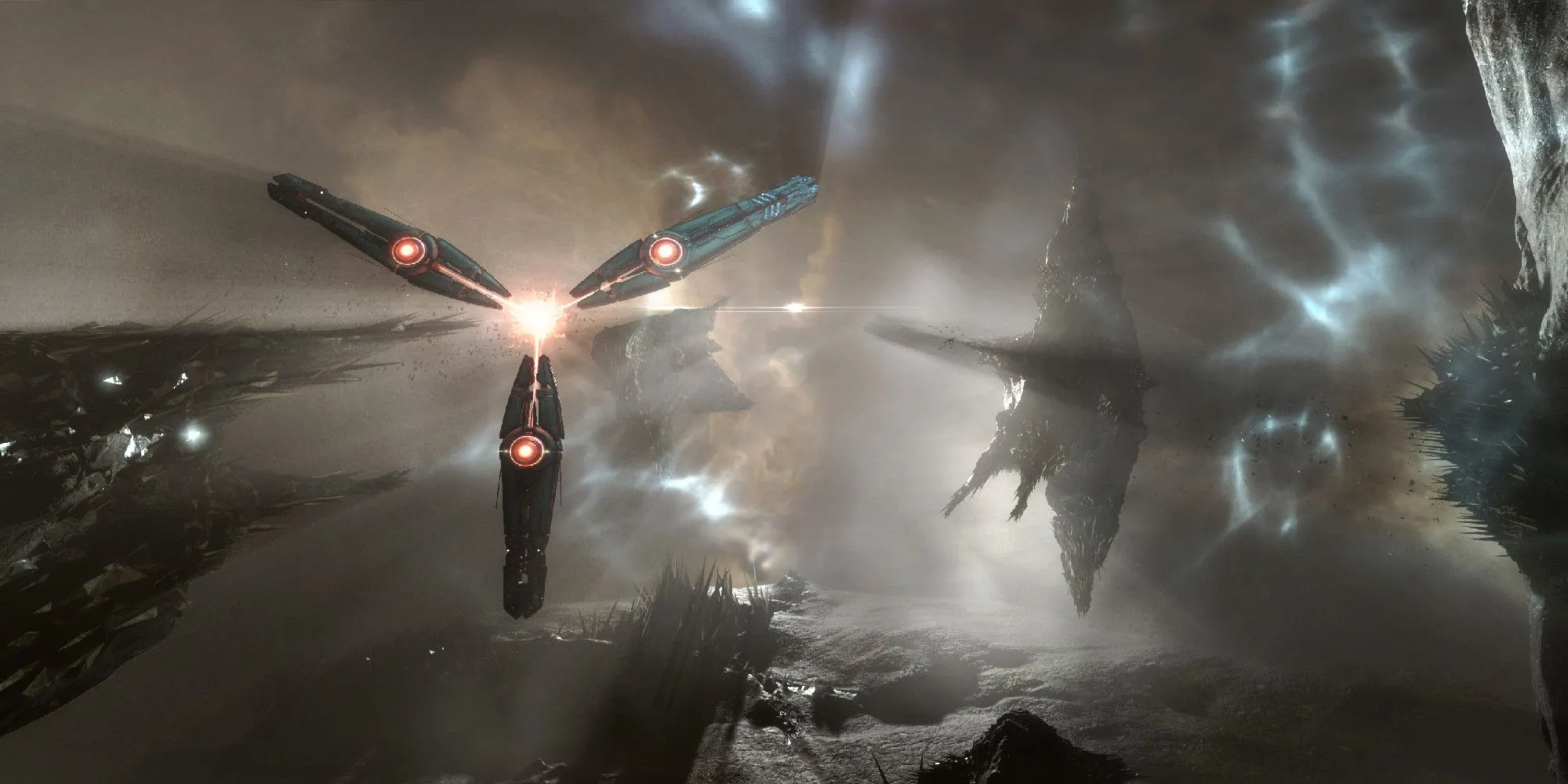 Tàu trong Eve Online bay về phía một tàu khổng lồ