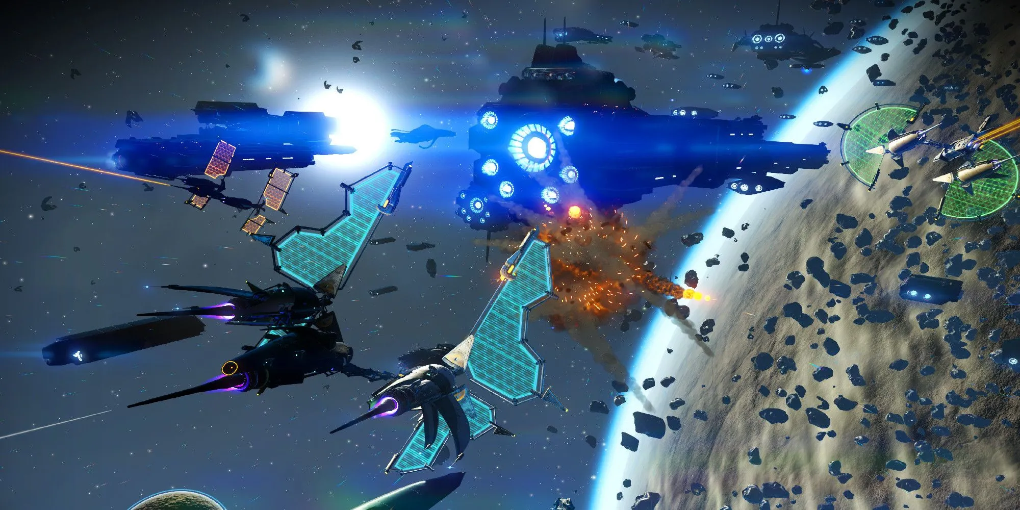 Tàu vũ trụ trong No Man's Sky bay qua một hành tinh và một trạm không gian
