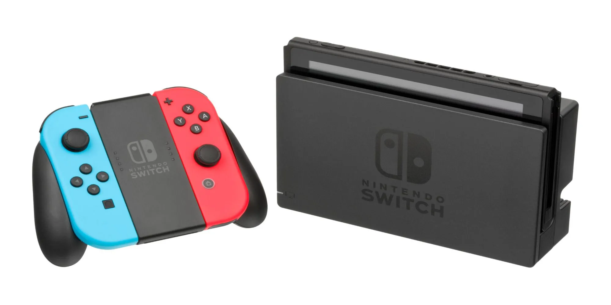 Tay cầm Joy-Con đỏ xanh cạnh máy Nintendo Switch đặt trên dock