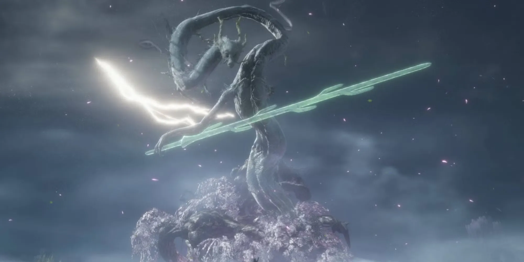 Thần Long Divine Dragon Sekiro Shadows Die Twice uy nghi giữa bầu trời đầy sấm sét và mây cuộn
