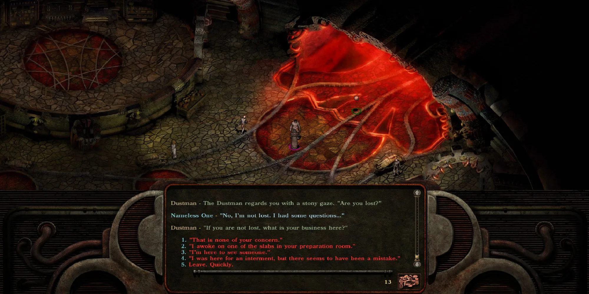 The Nameless One nói chuyện với một người đàn ông trong Planescape Torment