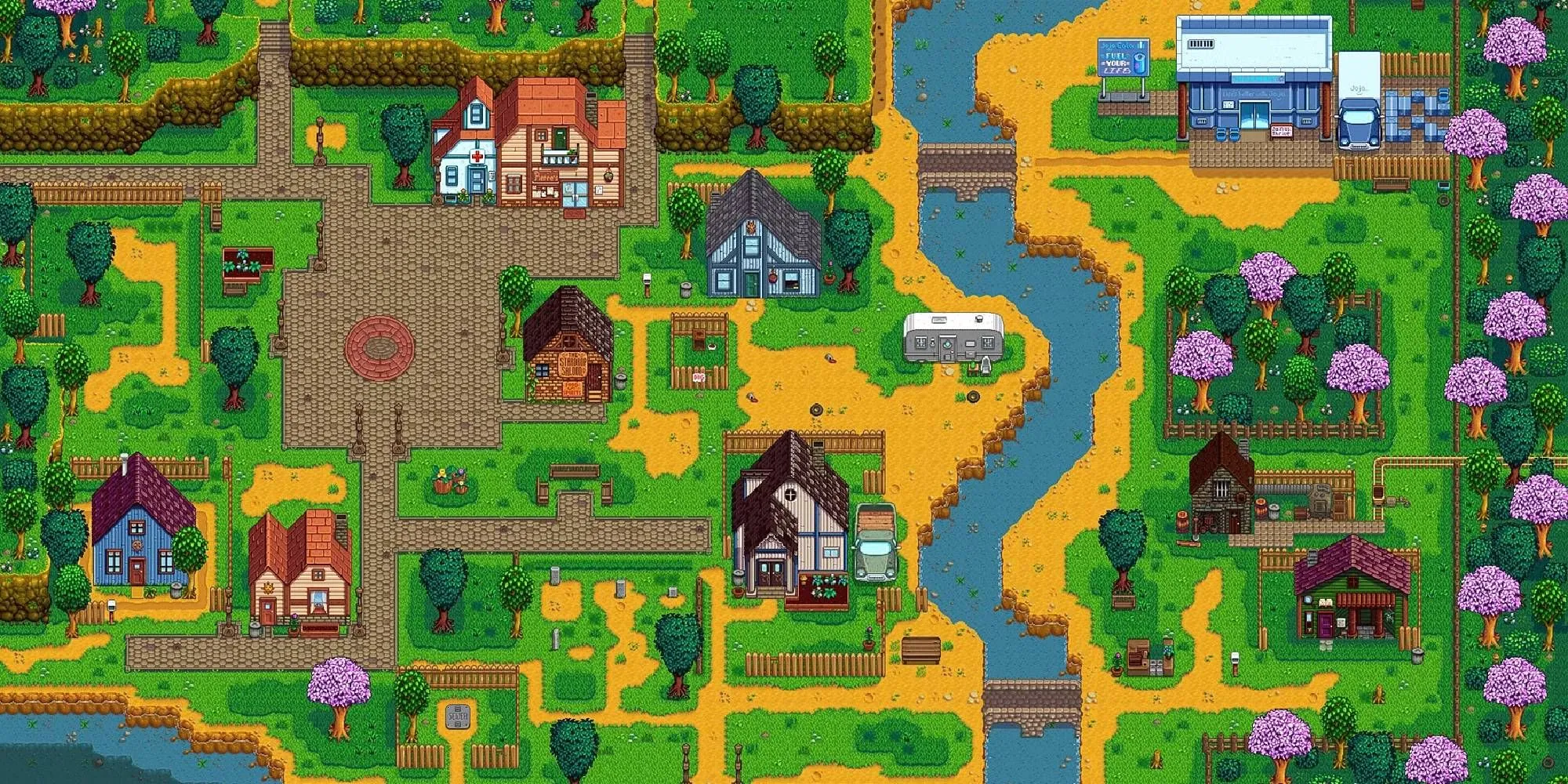 Thị trấn Pelican Town thanh bình trong game Stardew Valley