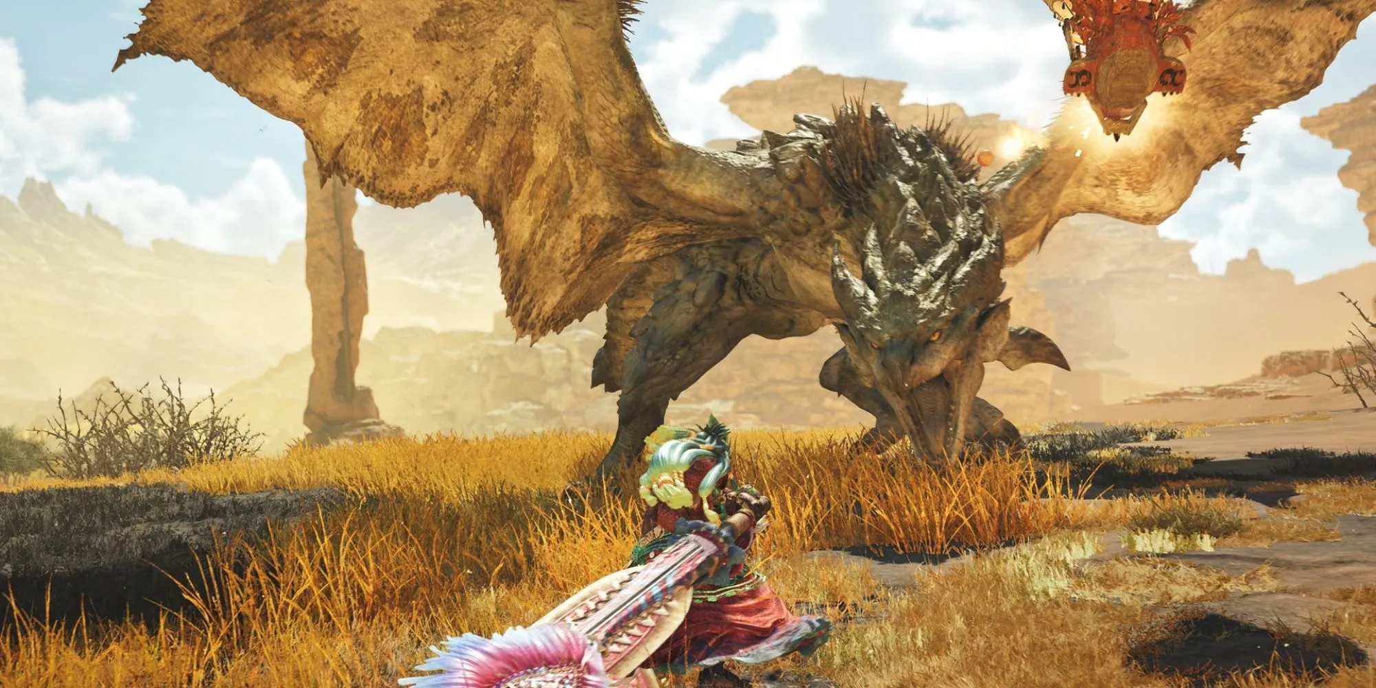 Thợ săn đối đầu Rathian trong Monster Hunter Wilds, một ví dụ về các trận chiến nảy lửa đầy kịch tính