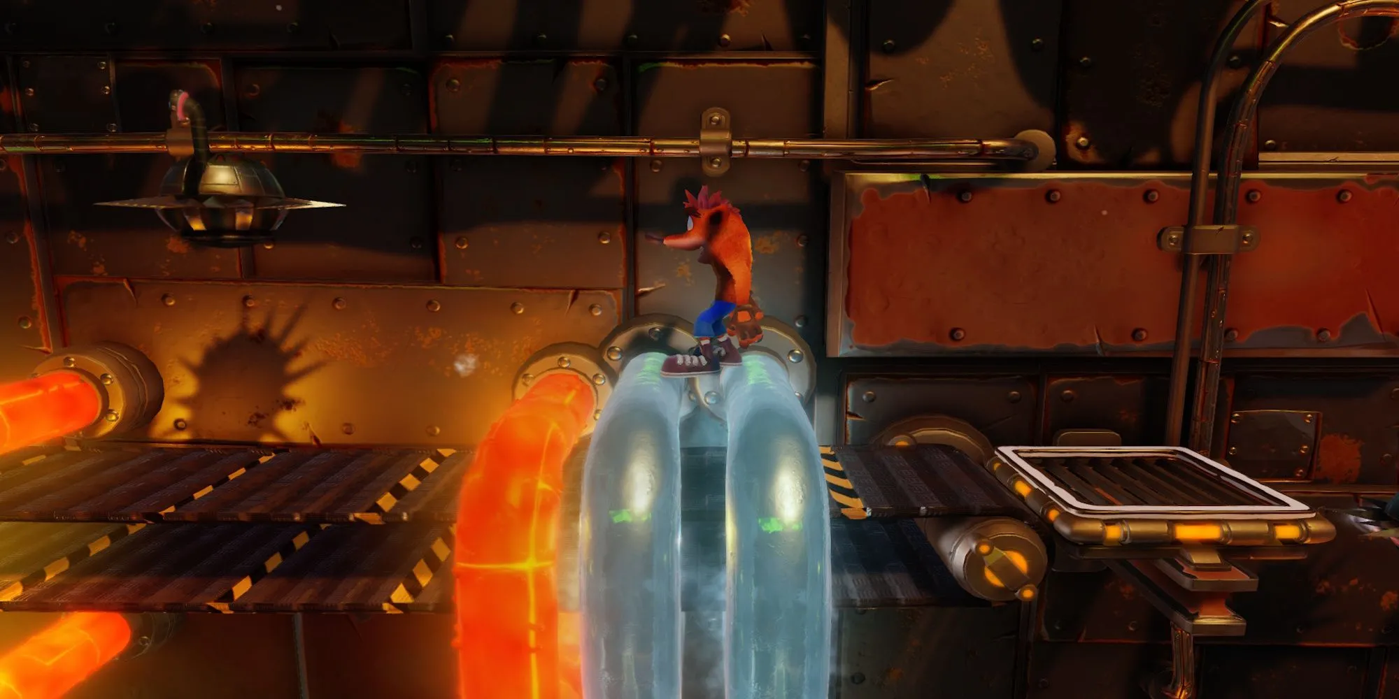 Thử thách trong nhà máy ở màn chơi Heavy Machinery của Crash Bandicoot