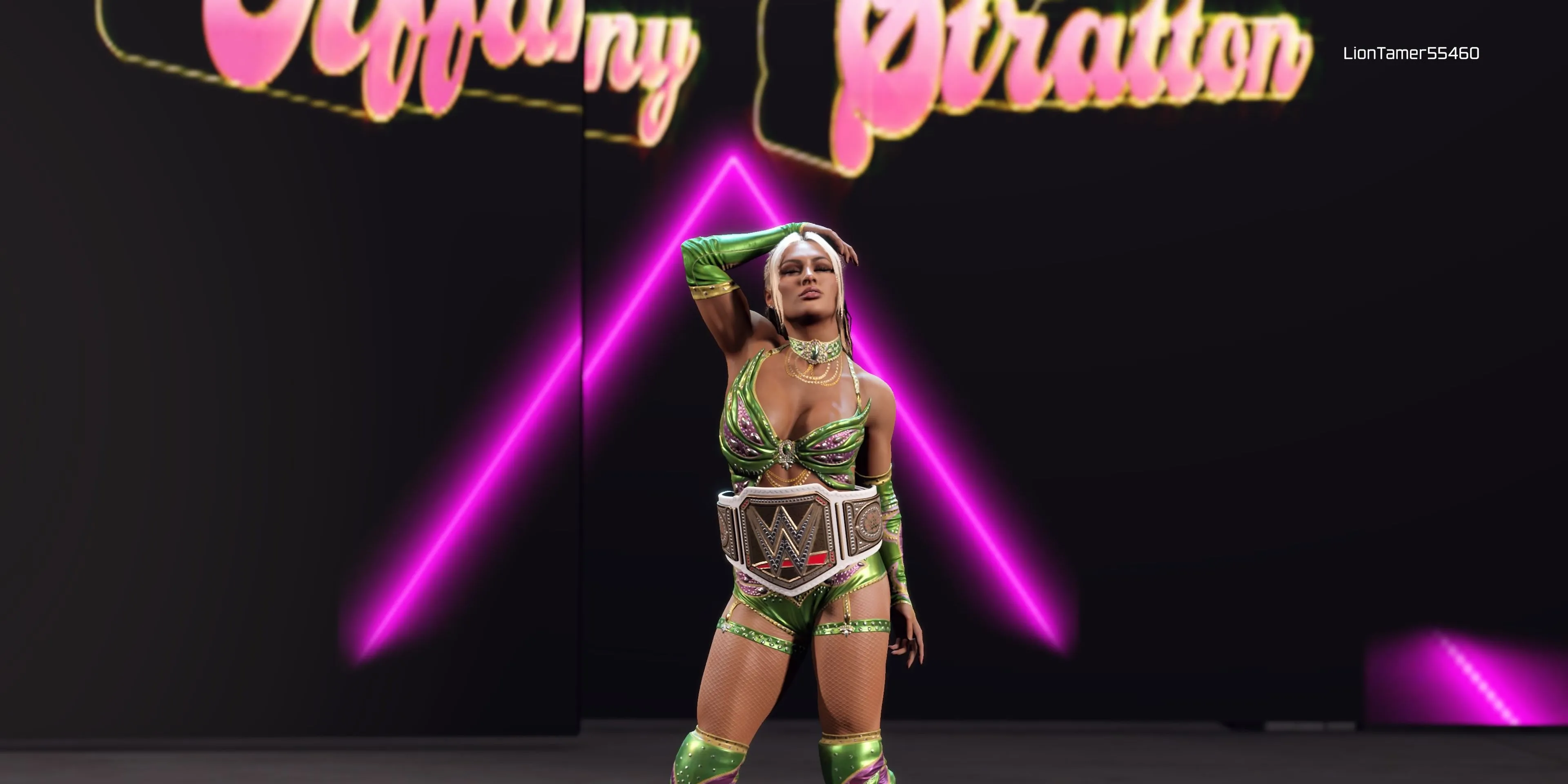Tiffany Stratton với phong cách Barbie năng động trong game WWE 2K25.
