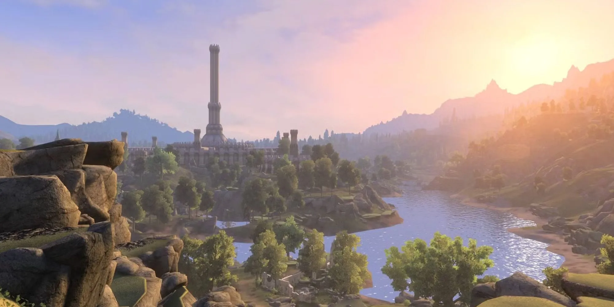 Toàn cảnh Thành phố Hoàng gia trong Skyblivion, thể hiện chi tiết môi trường