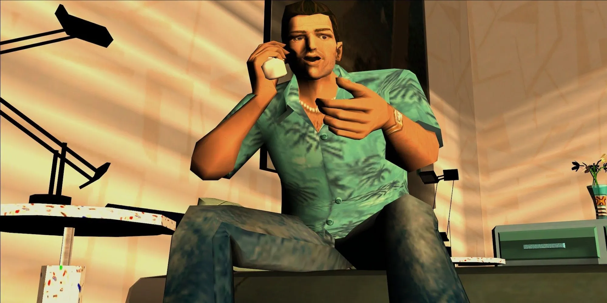 Tommy Vercetti trong Grand Theft Auto Vice City đang nghe điện thoại trên đường phố