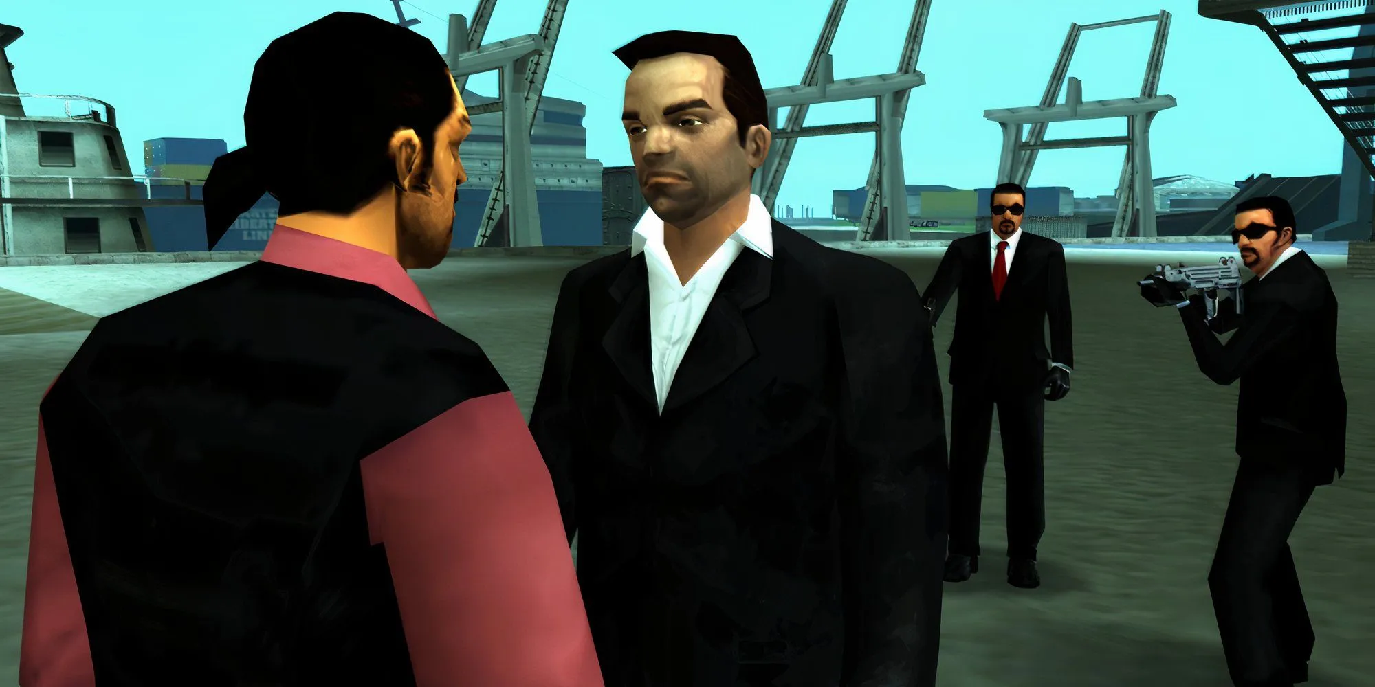 Toni Cipriani GTA Liberty City Stories đang nói chuyện, xung quanh là súng ống