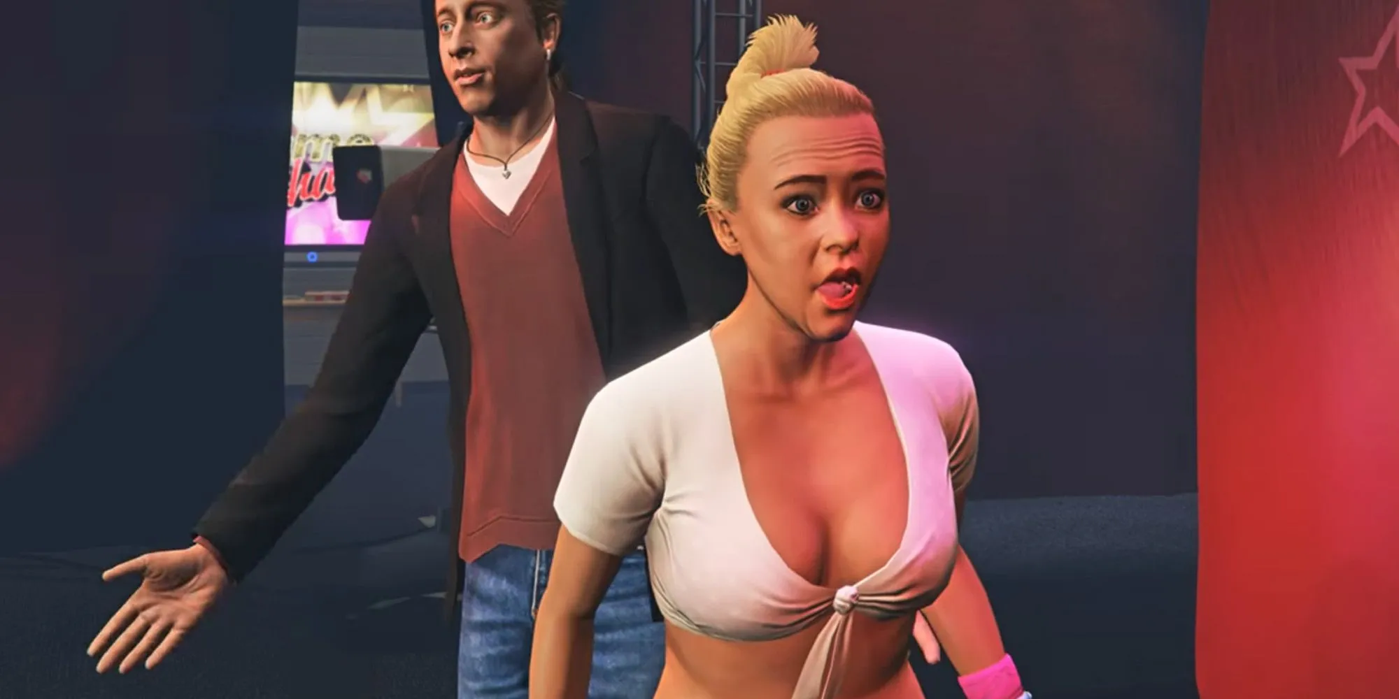 Tracey De Santa trong GTA 5 đang biểu diễn trên sân khấu Fame or Shame