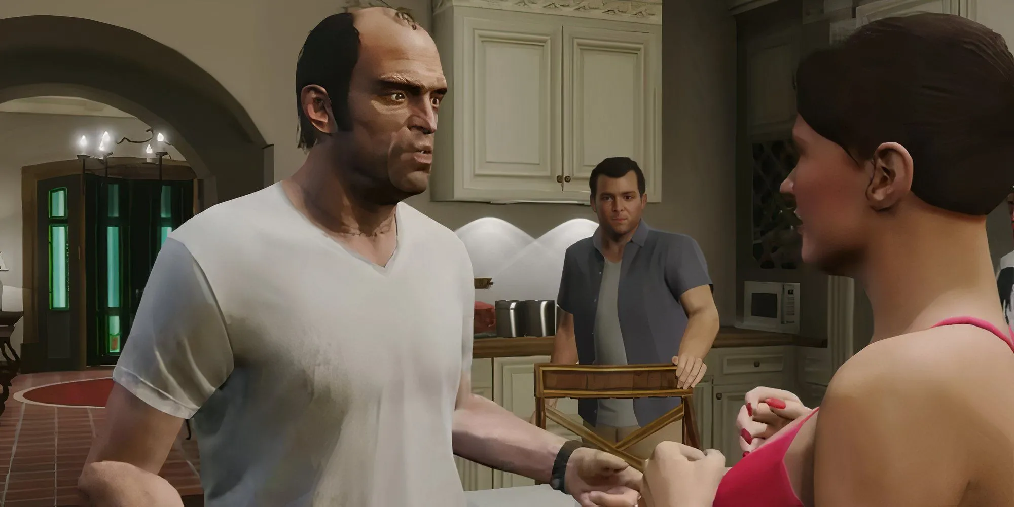 Trevor Philips GTA 5 nói chuyện với Amanda, Michael đứng phía sau