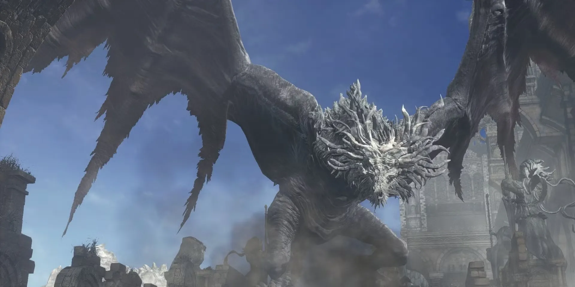 Trùm Ancient Wyvern khổng lồ trong Dark Souls 3 tại khu vực Archdragon Peak đầy nắng