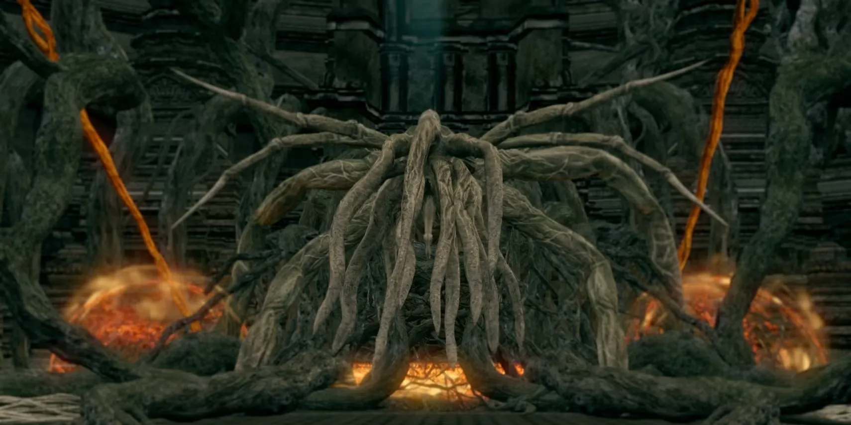 Trùm Bed of Chaos trong Dark Souls, một thực thể dạng cây với nhiều cạm bẫy nền tảng khó chịu tại Lost Izalith
