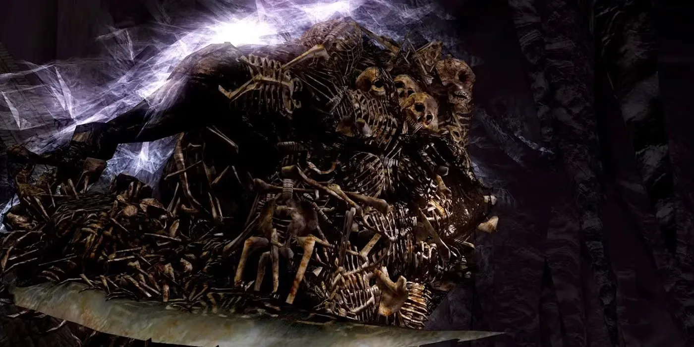 Trùm Gravelord Nito trong Dark Souls được bao quanh bởi đám bộ xương tay sai trong Tomb of Giants