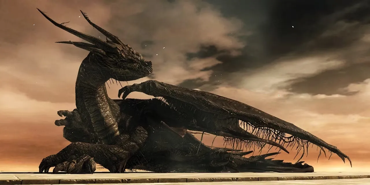 Trùm Rồng Cổ Đại trong Dark Souls 2 với kích thước khổng lồ và lượng máu dồi dào