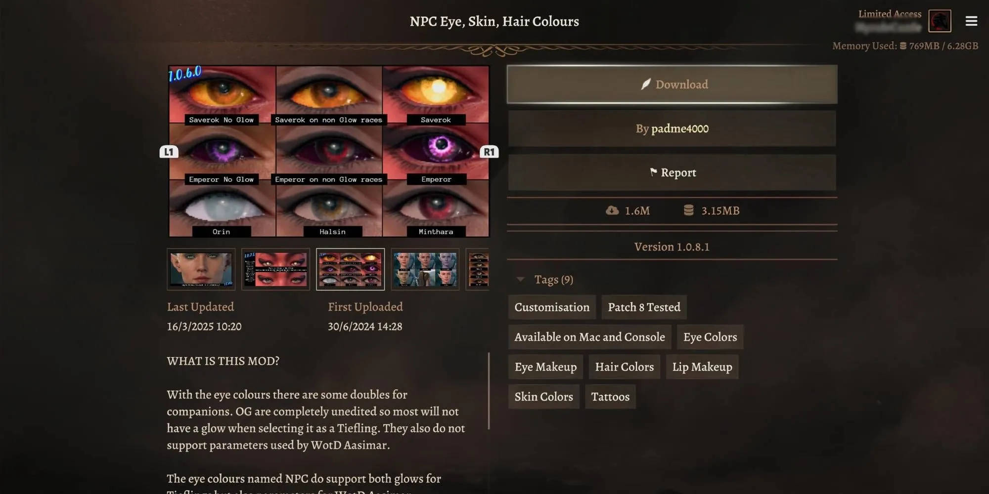 Tùy chỉnh ngoại hình nhân vật chính (Tav) trong Baldur's Gate 3 với các tùy chọn tóc và khuôn mặt mới từ mod