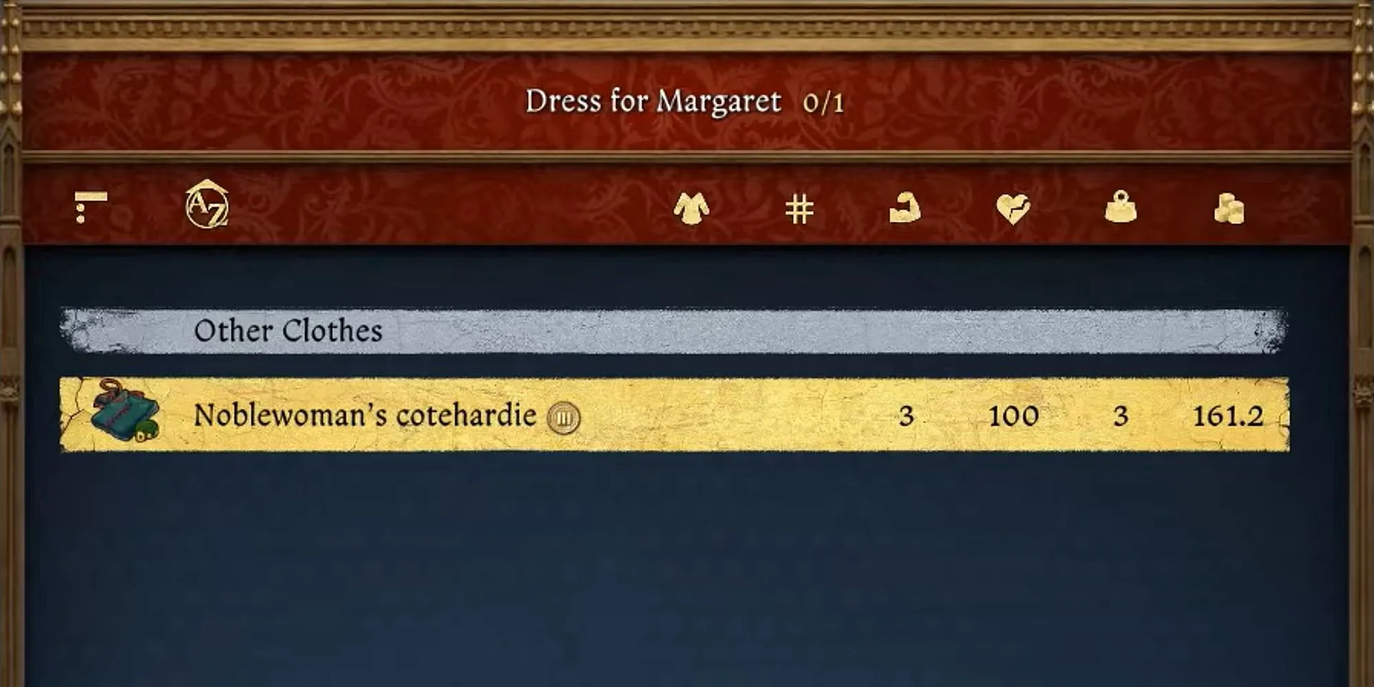 Ví dụ về chiếc váy Noblewoman's Cothardie cần tìm cho Margaret trong KCD2