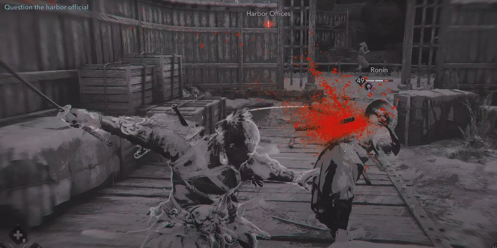 Yasuke chiến đấu dọn dẹp khu vực cảng trong tuyến nhiệm vụ của anh ở &quot;The Wheel Unmasked&quot; trong Assassin's Creed Shadows.