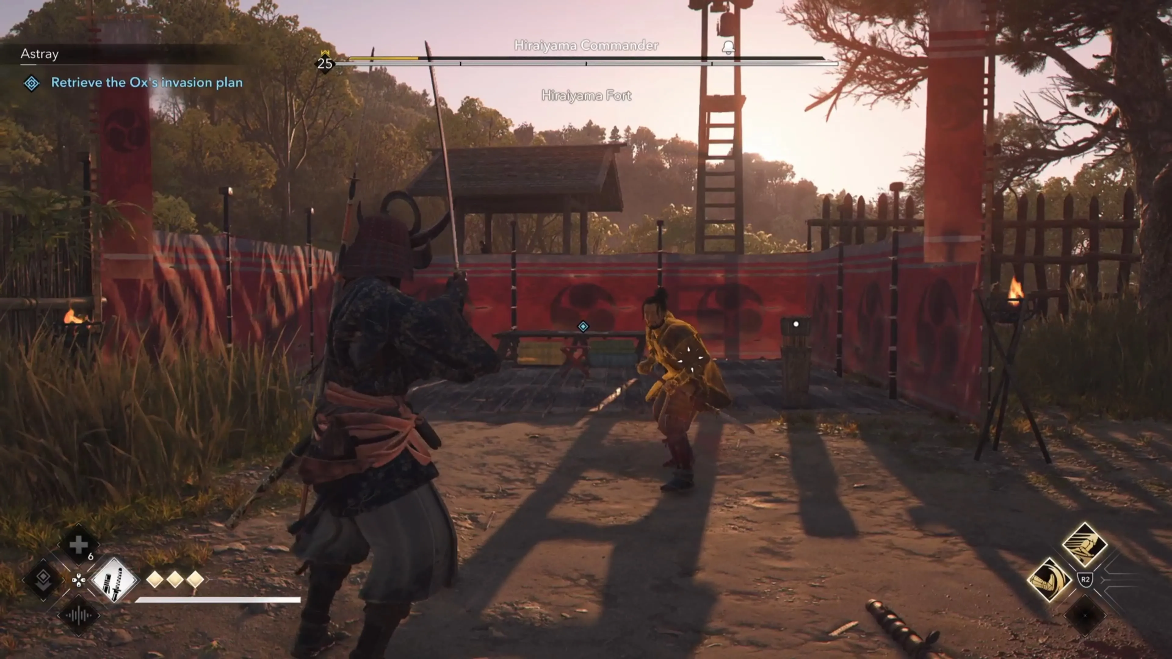 Yasuke đối đầu với chỉ huy Hiraiyama trên đỉnh pháo đài trong Assassin's Creed Shadows