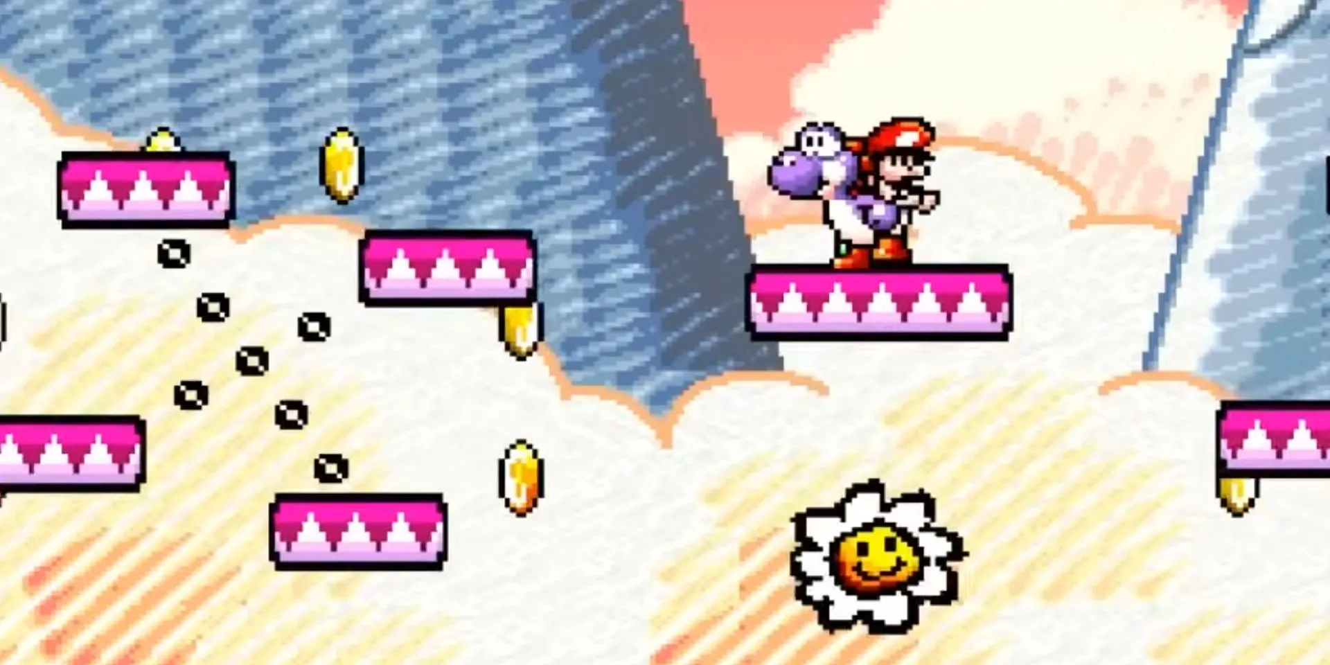 Yoshi đứng trên một nền tảng trong màn chơi Yoshi's Island SNES