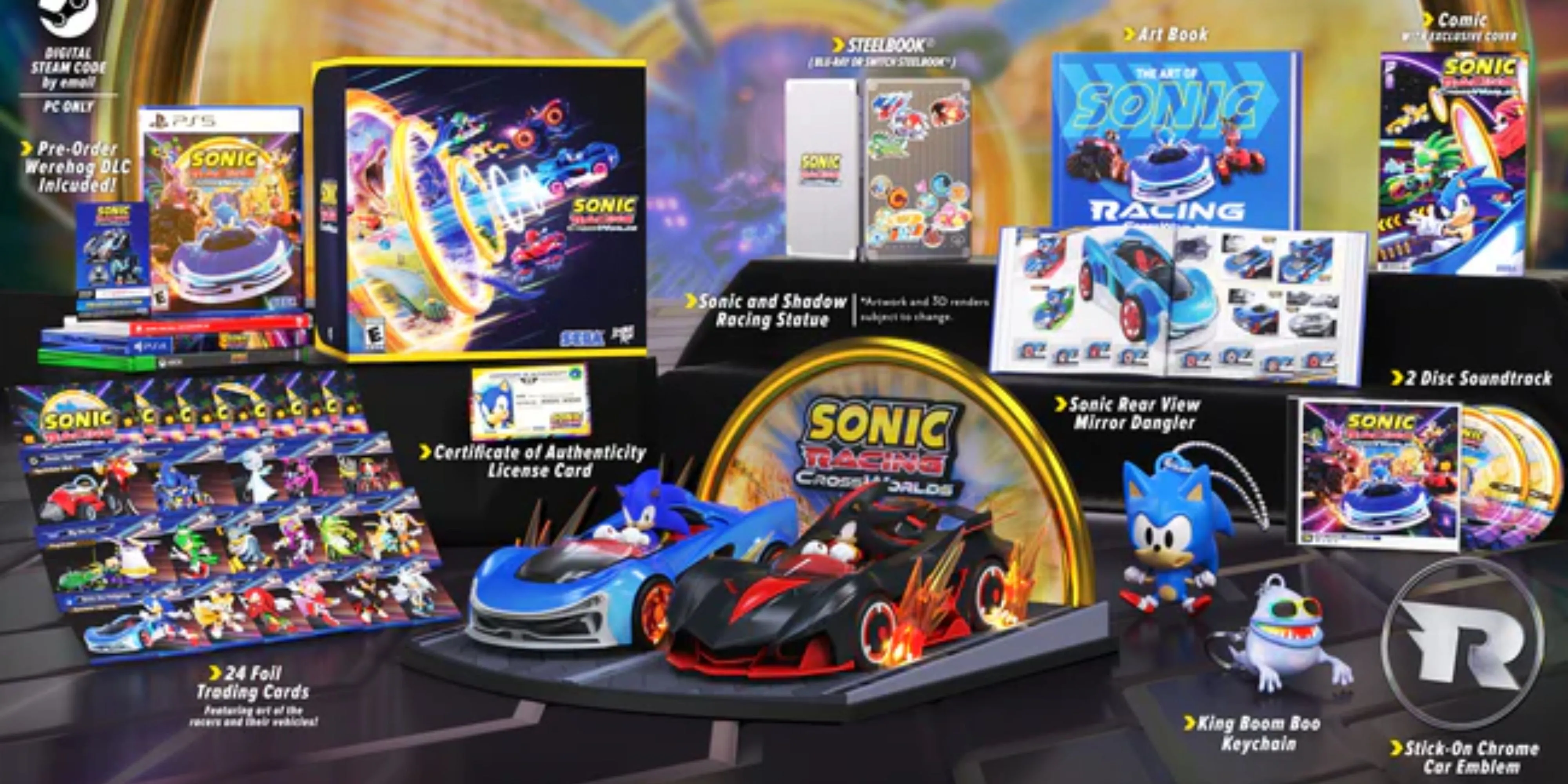 Các vật phẩm độc quyền trong Phiên bản Người sưu tầm của Sonic Racing CrossWorlds, như tượng Sonic &amp; Shadow, artbook, và vật phẩm trang trí