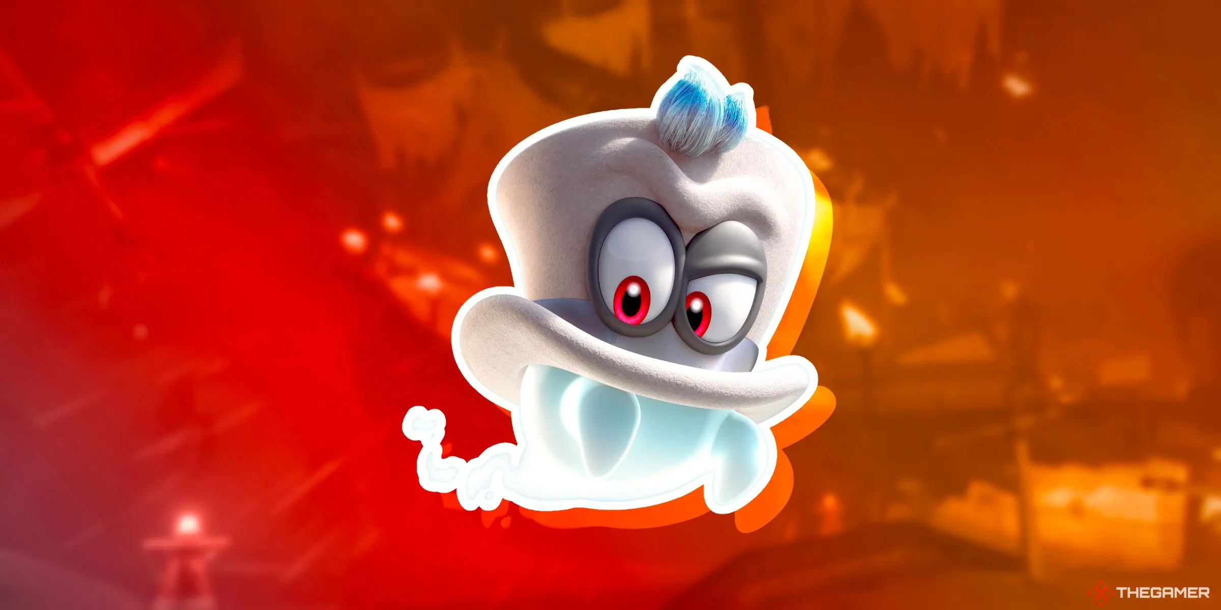 Cappy bay lơ lửng trên đường đua Wario Shipyard trong Mario Kart World