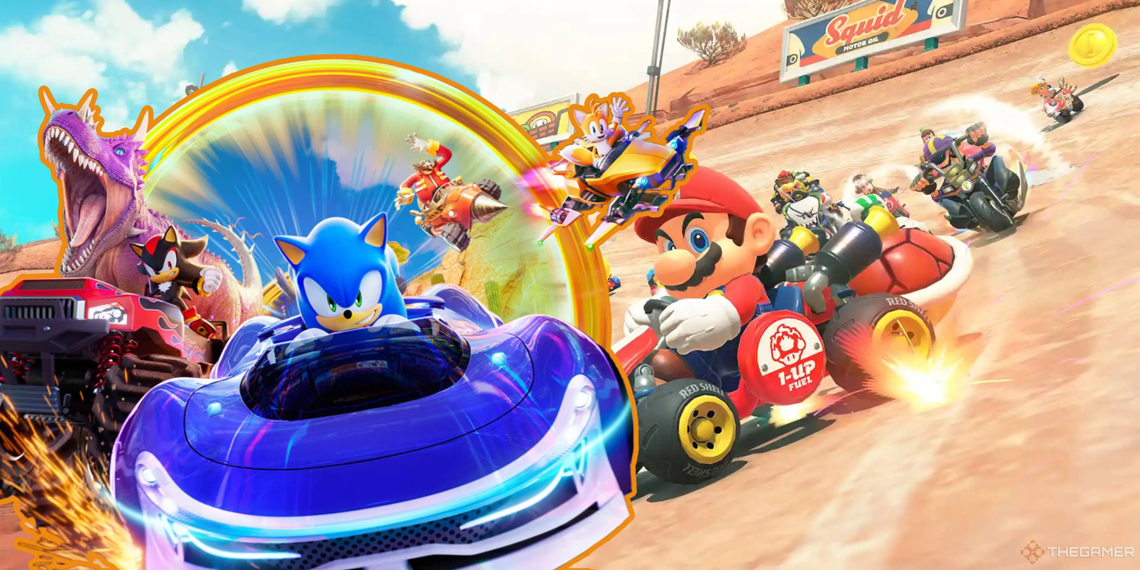 Dàn nhân vật Sonic Racing CrossWorlds, bao gồm Sonic, Steve Minecraft và các khách mời khác, đang đua trên đường đua