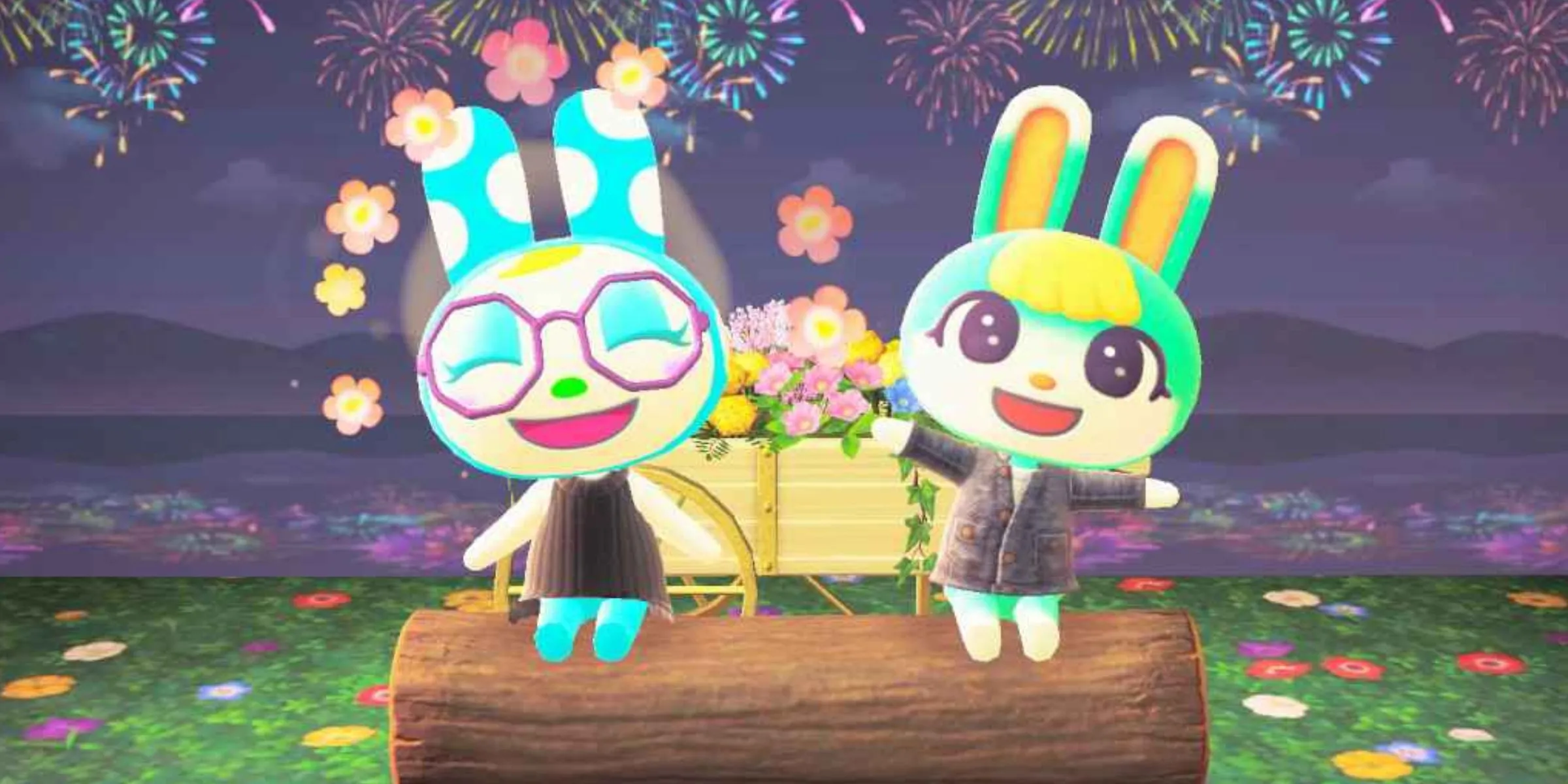 Hai dân làng thỏ Sasha và Francine ngồi trên khúc gỗ trong căn phòng chủ đề lễ hội trong Animal Crossing: New Horizons