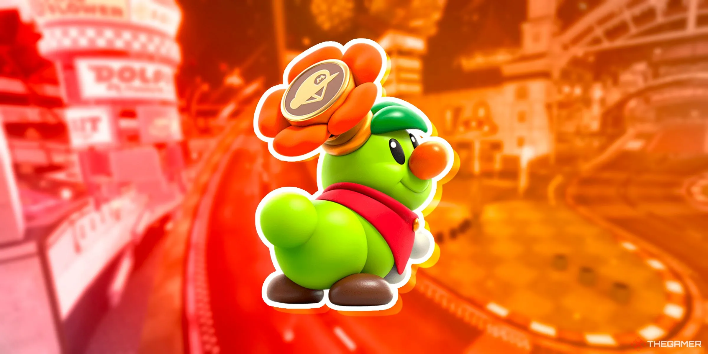 Hoàng tử Florian đeo huy hiệu đứng trên đường đua Peach Stadium trong Mario Kart World
